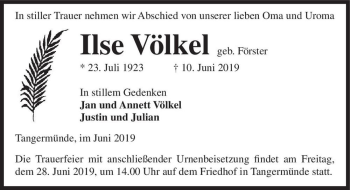 Traueranzeige von Ilse Völkel (geb. Förster)  von Magdeburger Volksstimme
