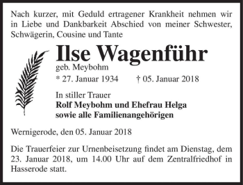 Traueranzeige von Ilse Wagenführ (geb. Meybohm)  von Magdeburger Volksstimme