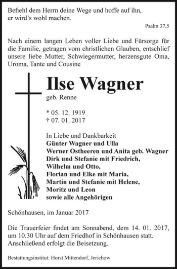 Traueranzeige von Ilse Wagner (geb. Renne)  von Magdeburger Volksstimme