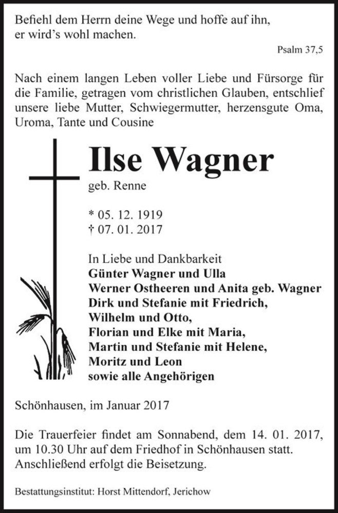  Traueranzeige für Ilse Wagner (geb. Renne)  vom 11.01.2017 aus Magdeburger Volksstimme
