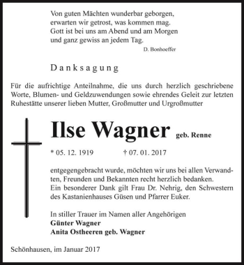 Traueranzeige von Ilse Wagner (geb. Renne)  von Magdeburger Volksstimme