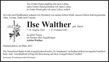 Traueranzeige von Ilse Walther (geb. Hauer)  von Magdeburger Volksstimme