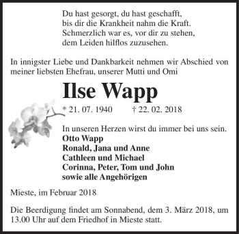 Traueranzeige von Ilse Wapp  von Magdeburger Volksstimme