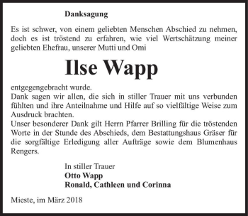 Traueranzeige von Ilse Wapp  von Magdeburger Volksstimme