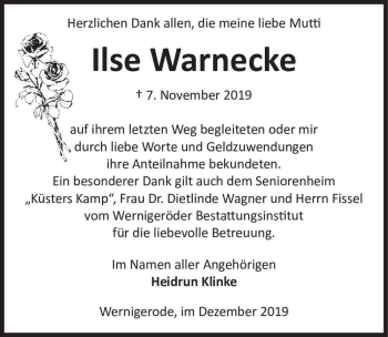 Traueranzeige von Ilse Warnecke  von Magdeburger Volksstimme
