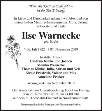 Traueranzeige von Ilse Warnecke (geb. Krebs)  von Magdeburger Volksstimme