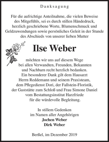 Traueranzeige von Ilse Weber  von Magdeburger Volksstimme