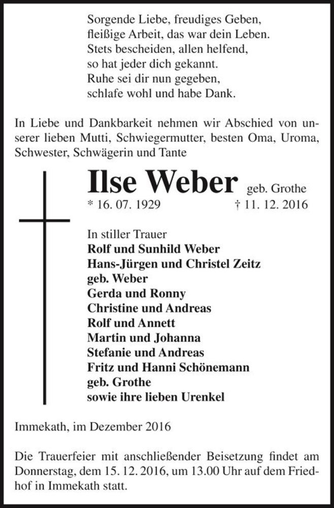  Traueranzeige für Ilse Weber (geb. Grothe)  vom 13.12.2016 aus Magdeburger Volksstimme