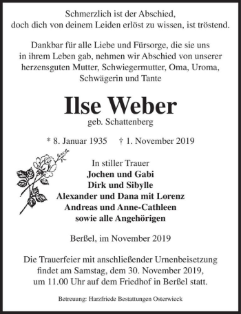 Traueranzeige von Ilse Weber (geb. Schattenberg)  von Magdeburger Volksstimme