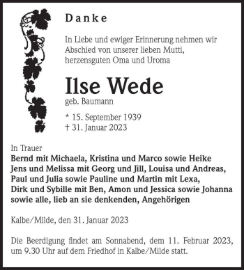 Traueranzeige von Ilse Wede (geb. Baumann)  von Magdeburger Volksstimme