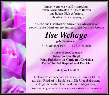 Traueranzeige von Ilse Wehage (geb. Brinkmann)  von Magdeburger Volksstimme