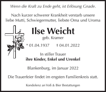 Traueranzeige von Ilse Weicht (geb. Kramer)  von Magdeburger Volksstimme