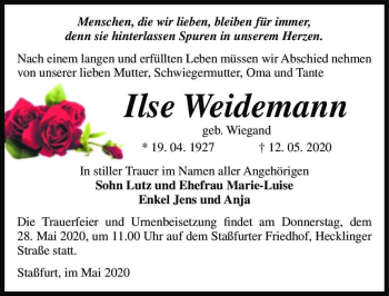 Traueranzeige von Ilse Weidemann (geb. Wiegand)  von Magdeburger Volksstimme