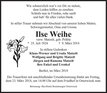 Traueranzeige von Ilse Weihe (verw. Matzelt, geb. Pröhle)  von Magdeburger Volksstimme
