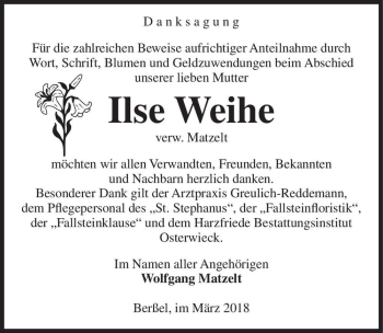 Traueranzeige von Ilse Weihe (verw. Matzelt)  von Magdeburger Volksstimme