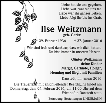 Traueranzeige von Ilse Weitzmann (geb. Garke)  von Magdeburger Volksstimme