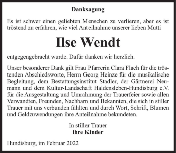 Traueranzeige von Ilse Wendt  von Magdeburger Volksstimme
