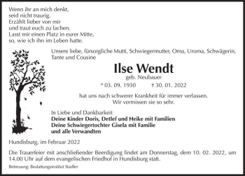Traueranzeige von Ilse Wendt (geb. Neubauer)  von Magdeburger Volksstimme