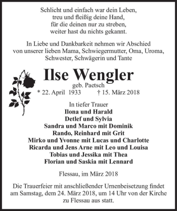Traueranzeige von Ilse Wengler (geb. Paetsch)  von Magdeburger Volksstimme