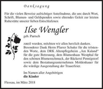 Traueranzeige von Ilse Wengler (geb. Paetsch)  von Magdeburger Volksstimme