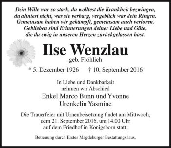 Traueranzeige von Ilse Wenzlau (geb. Fröhlich)  von Magdeburger Volksstimme