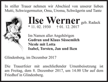 Traueranzeige von Ilse Werner (geb. Radack)  von Magdeburger Volksstimme