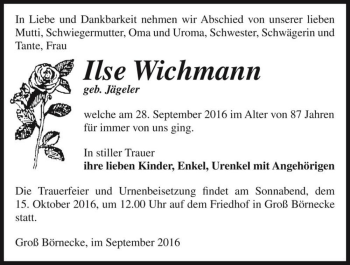 Traueranzeige von Ilse Wichmann (geb. Jägeler)  von Magdeburger Volksstimme