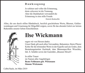 Traueranzeige von Ilse Wickmann  von Magdeburger Volksstimme