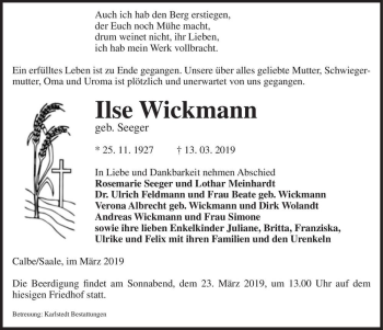 Traueranzeige von Ilse Wieckmann (geb. Seeger)  von Magdeburger Volksstimme