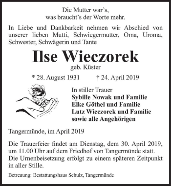 Traueranzeige von Ilse Wieczorek (geb. Küster)  von Magdeburger Volksstimme
