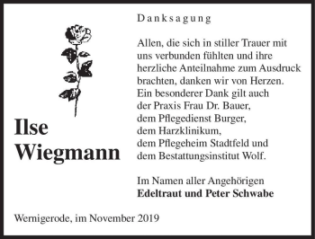 Traueranzeige von Ilse Wiegmann  von Magdeburger Volksstimme