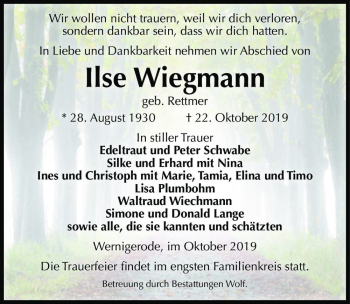 Traueranzeige von Ilse Wiegmann (geb. Rettmer)  von Magdeburger Volksstimme