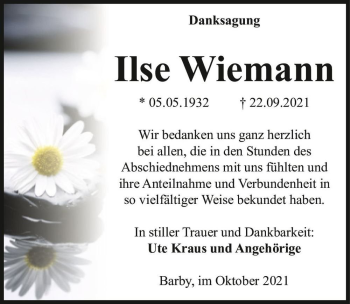 Traueranzeige von Ilse Wiemann  von Magdeburger Volksstimme