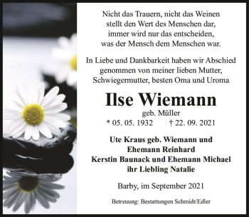 Traueranzeige von Ilse Wiemann (geb. Müller)  von Magdeburger Volksstimme