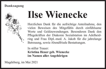 Traueranzeige von Ilse Wienecke  von Magdeburger Volksstimme