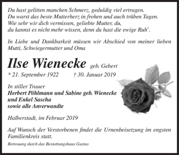 Traueranzeige von Ilse Wienecke (geb. Gebert)  von Magdeburger Volksstimme