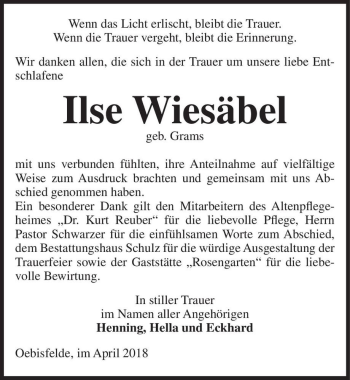 Traueranzeige von Ilse Wiesäbel (geb. Grams)  von Magdeburger Volksstimme