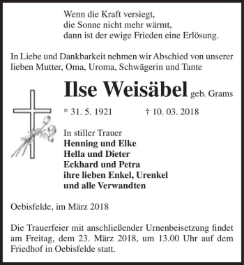 Traueranzeige von Ilse Wiesäbel (geb. Grams)  von Magdeburger Volksstimme