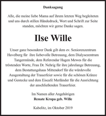 Traueranzeige von Ilse Wille  von Magdeburger Volksstimme
