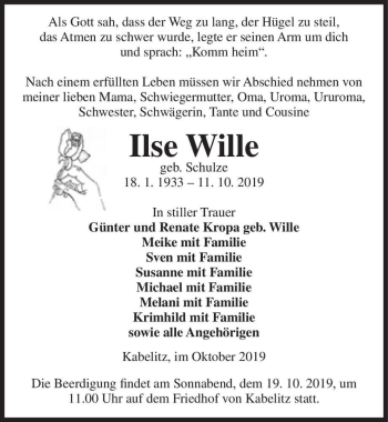 Traueranzeige von Ilse Wille (geb. Schulze)  von Magdeburger Volksstimme