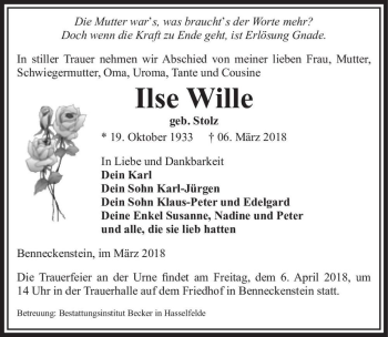 Traueranzeige von Ilse Wille (geb. Stolz)  von Magdeburger Volksstimme