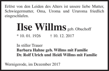 Traueranzeige von Ilse Willms (geb. Obuchoff)  von Magdeburger Volksstimme