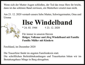 Traueranzeige von Ilse Windelband  von Magdeburger Volksstimme