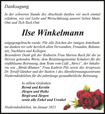 Traueranzeige von Ilse Winkelmann  von Magdeburger Volksstimme
