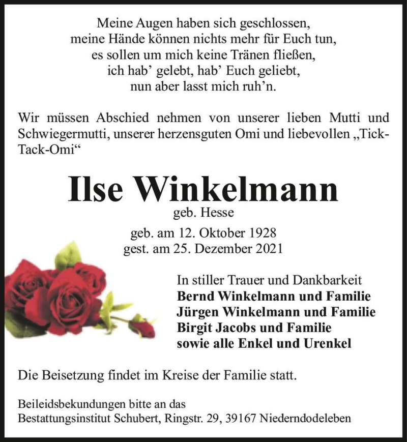  Traueranzeige für Ilse Winkelmann (geb. Hesse)  vom 08.01.2022 aus Magdeburger Volksstimme