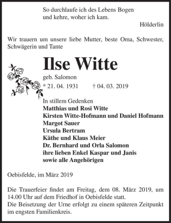 Traueranzeige von Ilse Witte (geb. Salomon)  von Magdeburger Volksstimme