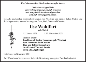 Traueranzeige von Ilse Wohlfart (geb. Oelert)  von Magdeburger Volksstimme