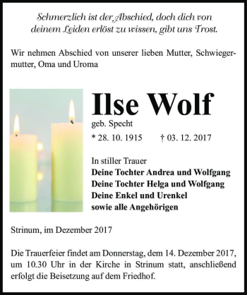 Traueranzeige von Ilse Wolf  (geb. Specht)  von Magdeburger Volksstimme