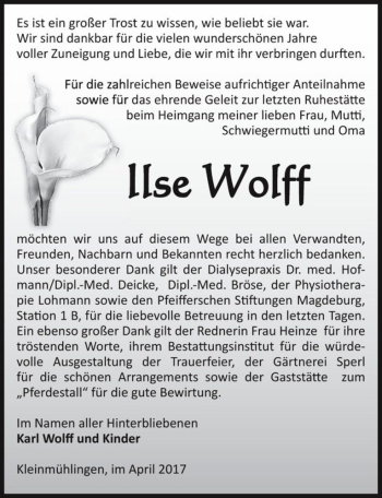 Traueranzeige von Ilse Wolff  von Magdeburger Volksstimme