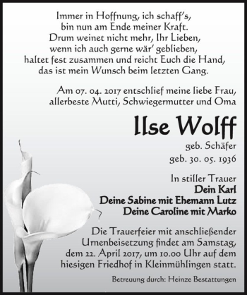 Traueranzeige von Ilse Wolff (geb. Schäfer)  von Magdeburger Volksstimme